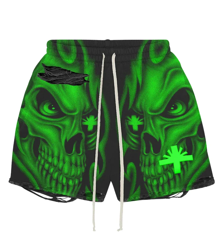 Vertabrae Skull Storm Distressed Shorts Black/Green Vertabrae Skull Storm Distressed Shorts Black/Green