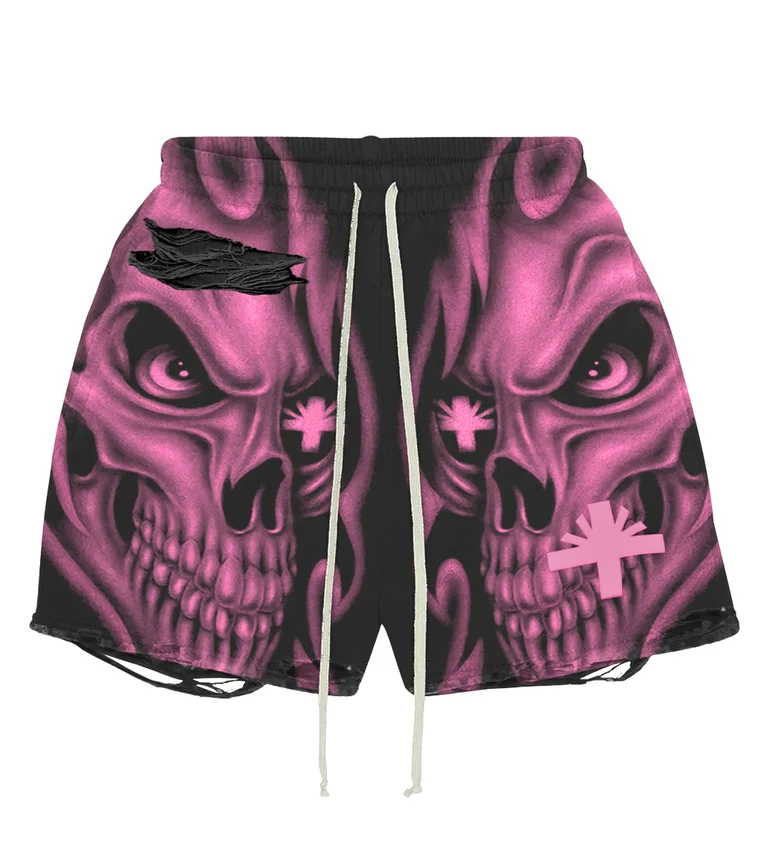 Vertabrae Skull Storm Distressed Shorts Black/Pink Vertabrae Skull Storm Distressed Shorts Black/Pink