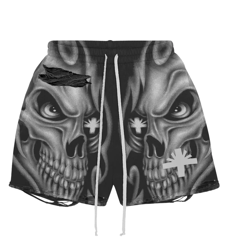 Vertabrae Skull Storm Distressed Shorts Black/Grey Vertabrae Skull Storm Distressed Shorts Black/Grey